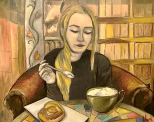 ART Print - It’s Coffee Time, also known as Self-Portrait at Khleb Nasushchniy, Moscow, oil painting by Svetlana Shavrina