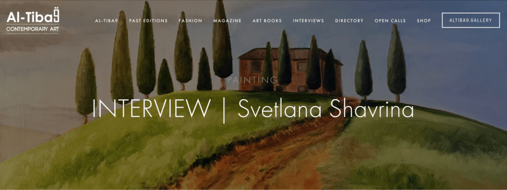 AL-TIBA9 website header for the interview with Svetlana Shavrina, showing her Tuscany landscape painting