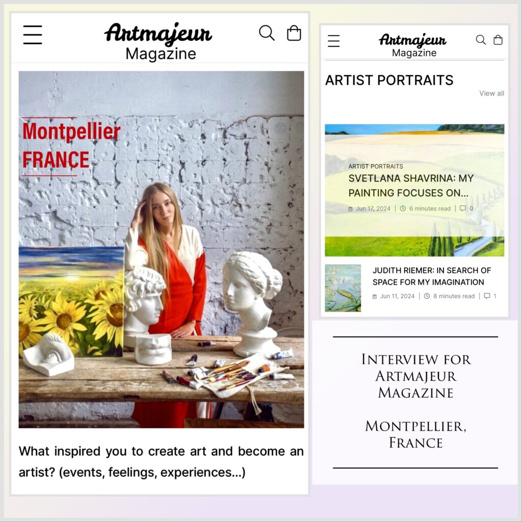 Artmajeur Magazine Artist Portraits interview with Svetlana Shavrina, showing her with sunflower paintings and plaster busts