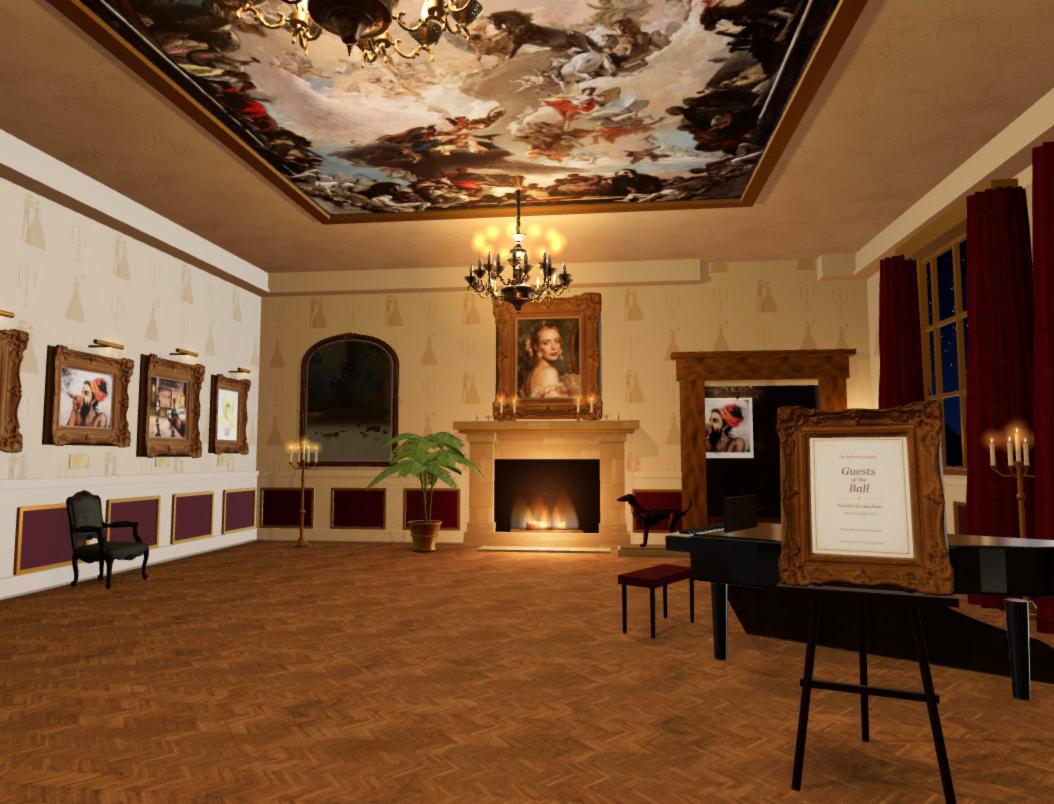 The Ballroom of the Residence of Baroness Swan, Lana Swan virtual 3D gallery, wide view with portraits, painted ceiling, fireplace and piano