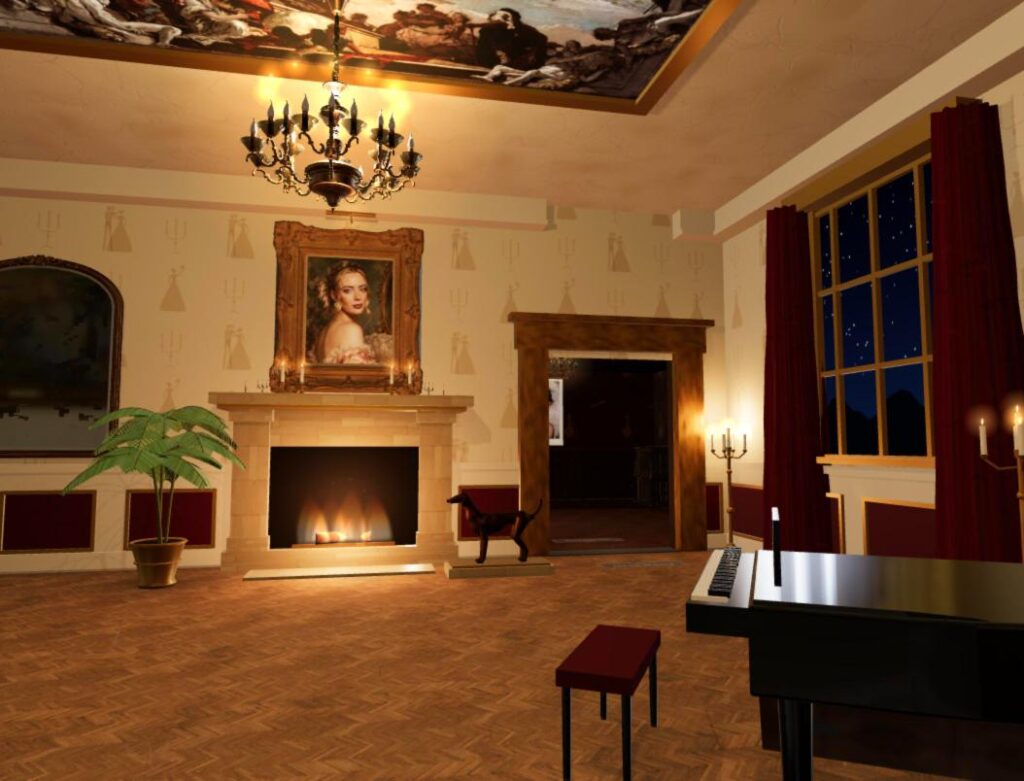 The fireplace and the chandelier in the Ballroom of the London virtual gallery