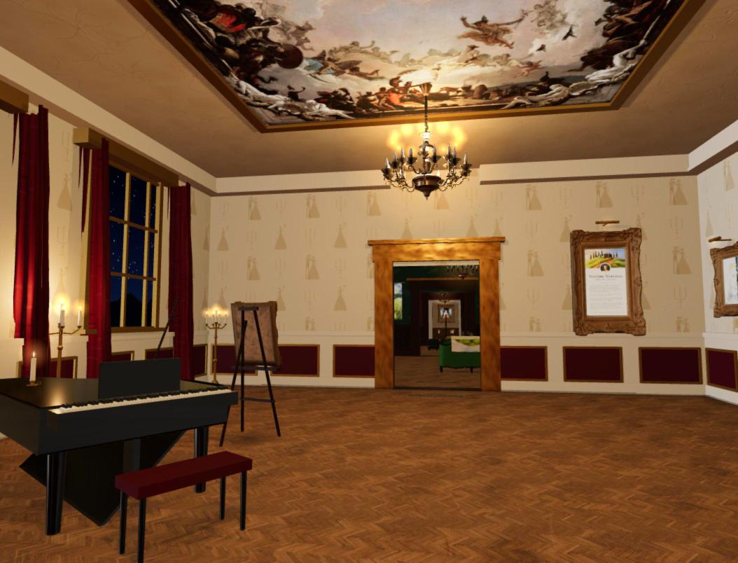 The Ballroom of the Residence of Baroness Swan, Lana Swan virtual 3D gallery, view back across the hall past the grand piano and easel under the painted ceiling
