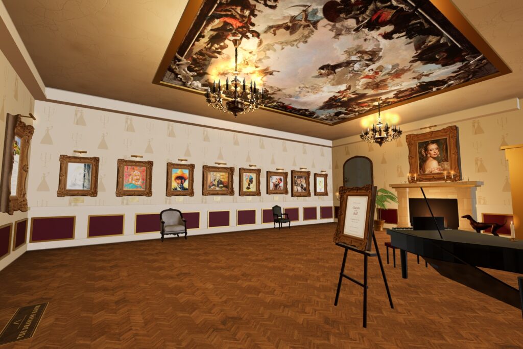 The Ballroom of the Residence of Baroness Swan with Lana Swan's paintings in gilded frames, a lit fireplace and a painted ceiling