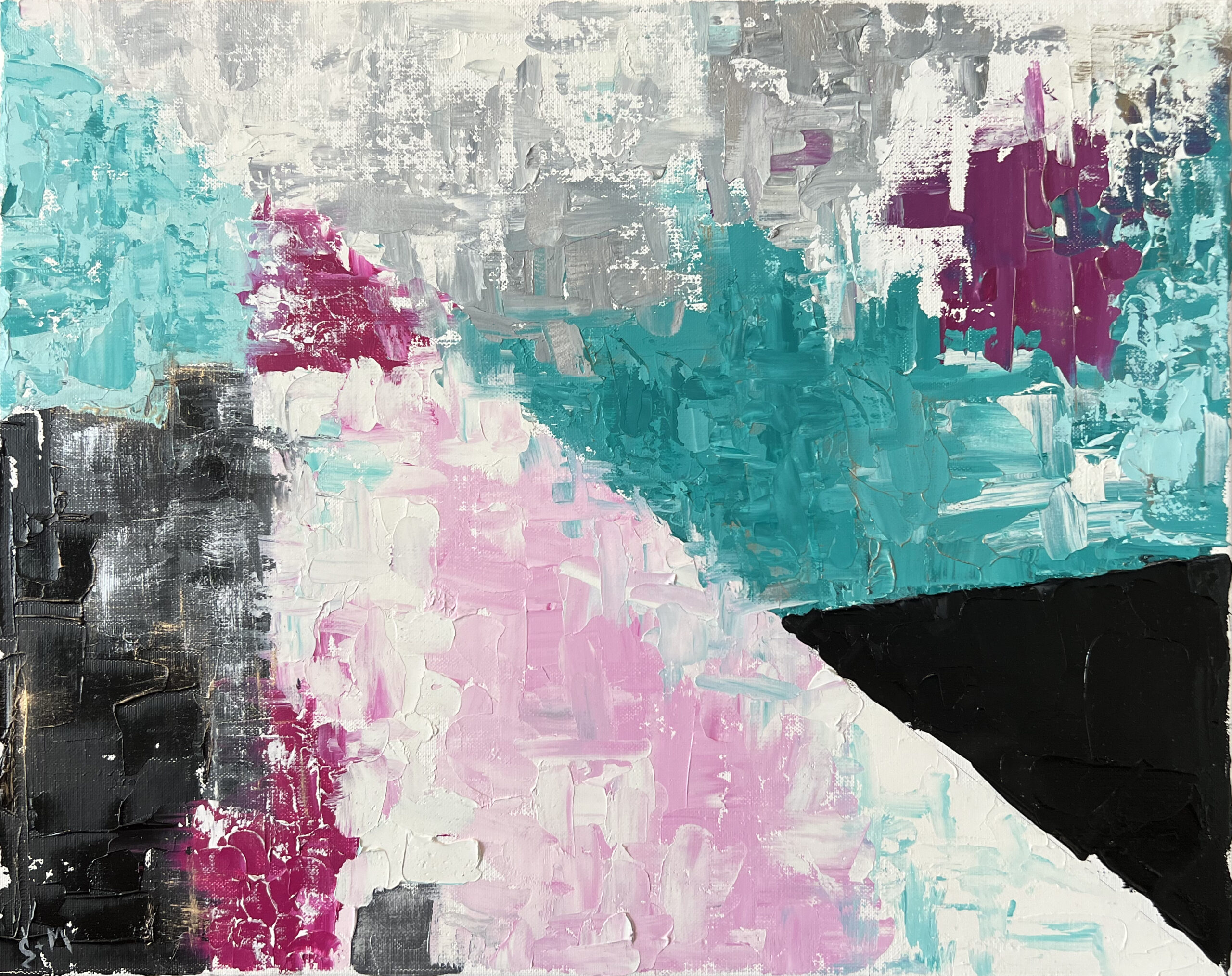 Black Triangle abstract oil painting by Lana Swan in turquoise, pink, white and black with a bold black triangle