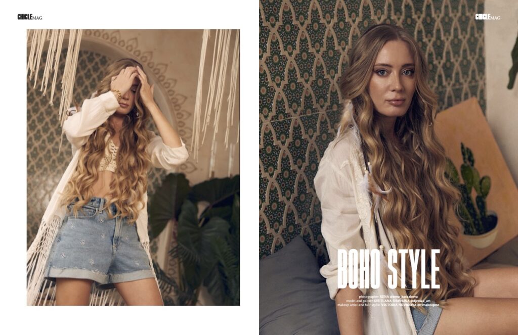 Chicle Mag Magazine Boho Style spread with Lana Swan in a lace blouse and denim shorts