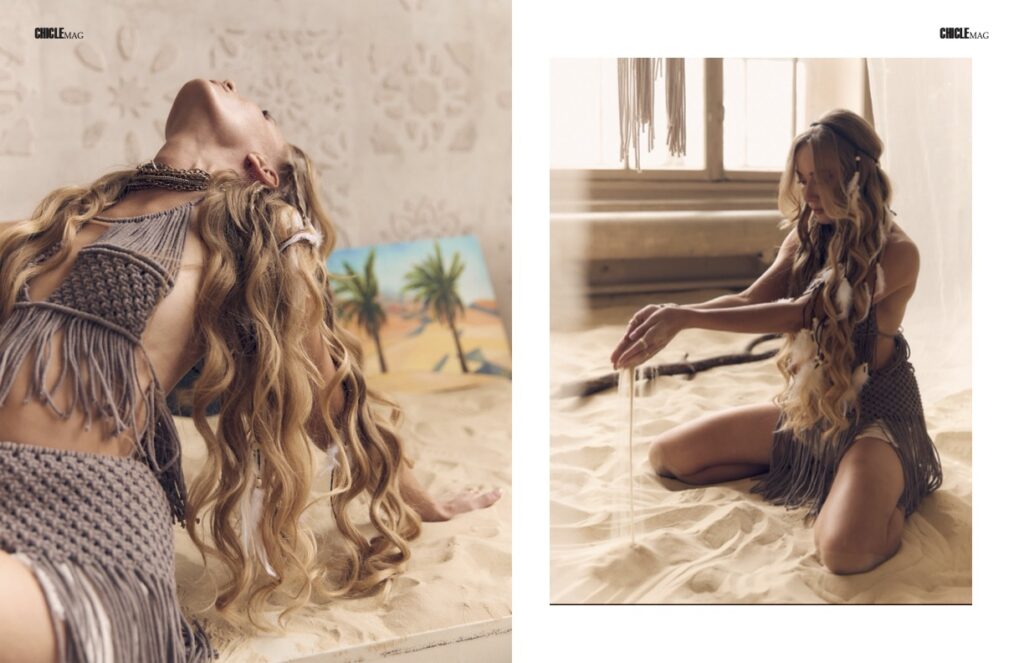 Chicle Mag Magazine Boho Style spread with Lana Swan posing on a sandy floor