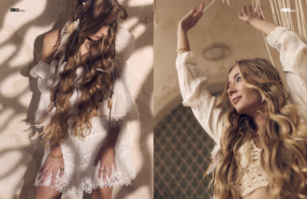 Chicle Mag Magazine Boho Style spread with close-up portraits of Lana Swan with long wavy hair