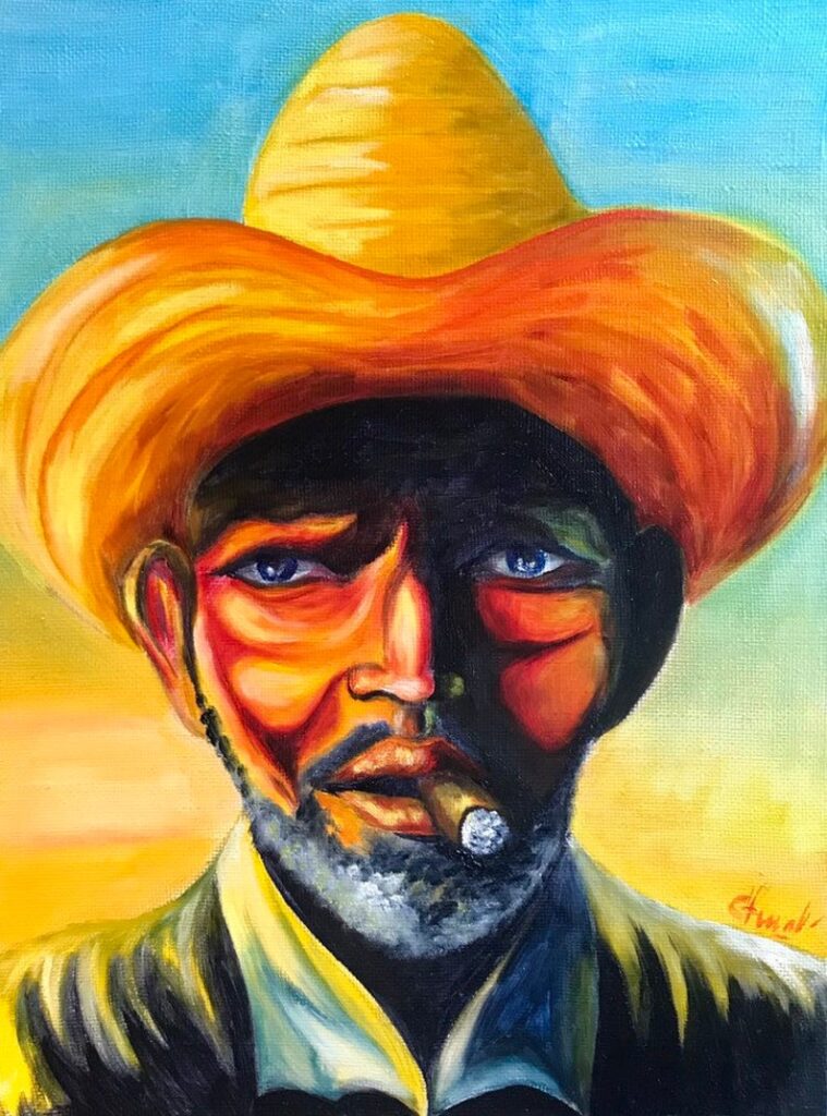 Cuban, original oil painting by Lana Swan: a Cuban man in a yellow straw hat smoking a cigar against a sunset