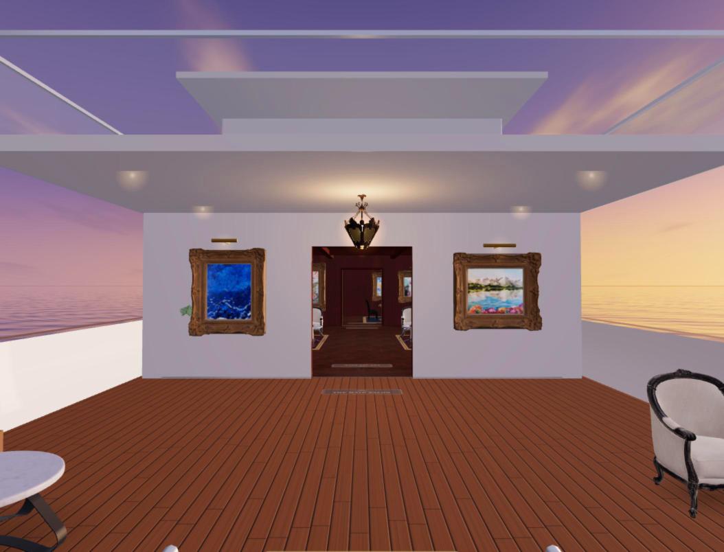 Aft deck of the yacht with framed paintings and the sunset sea on both sides, Dubai virtual 3D gallery by Lana Swan