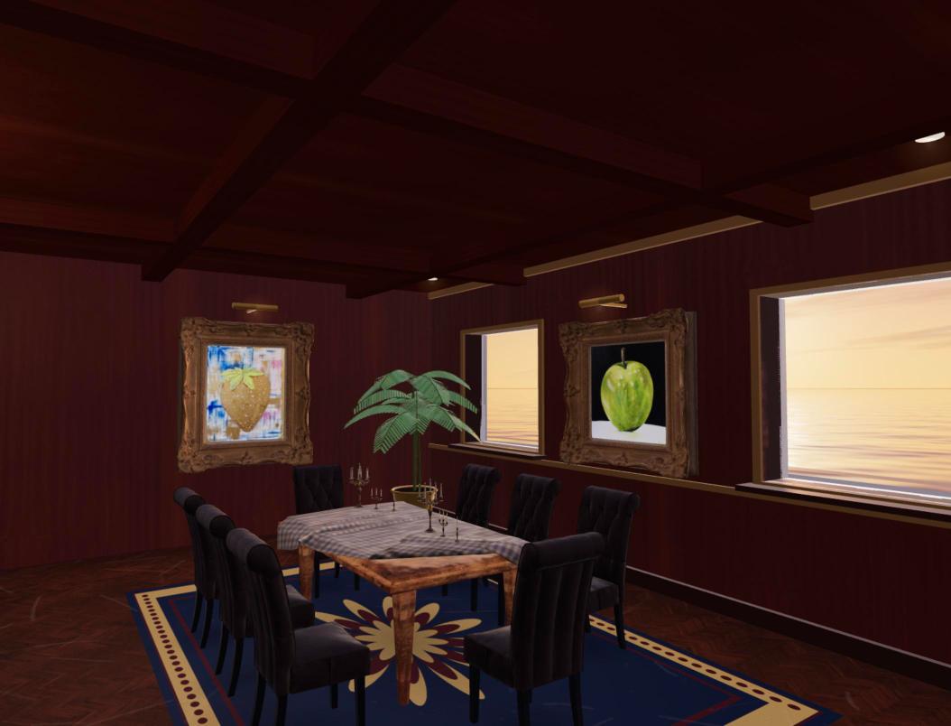 Dining saloon with still life paintings, a dining table and sea views through the windows, Dubai virtual 3D gallery by Lana Swan