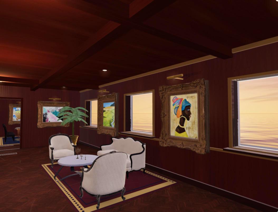 Main salon interior with framed oil paintings and the sea through the windows, Dubai virtual 3D gallery by Lana Swan