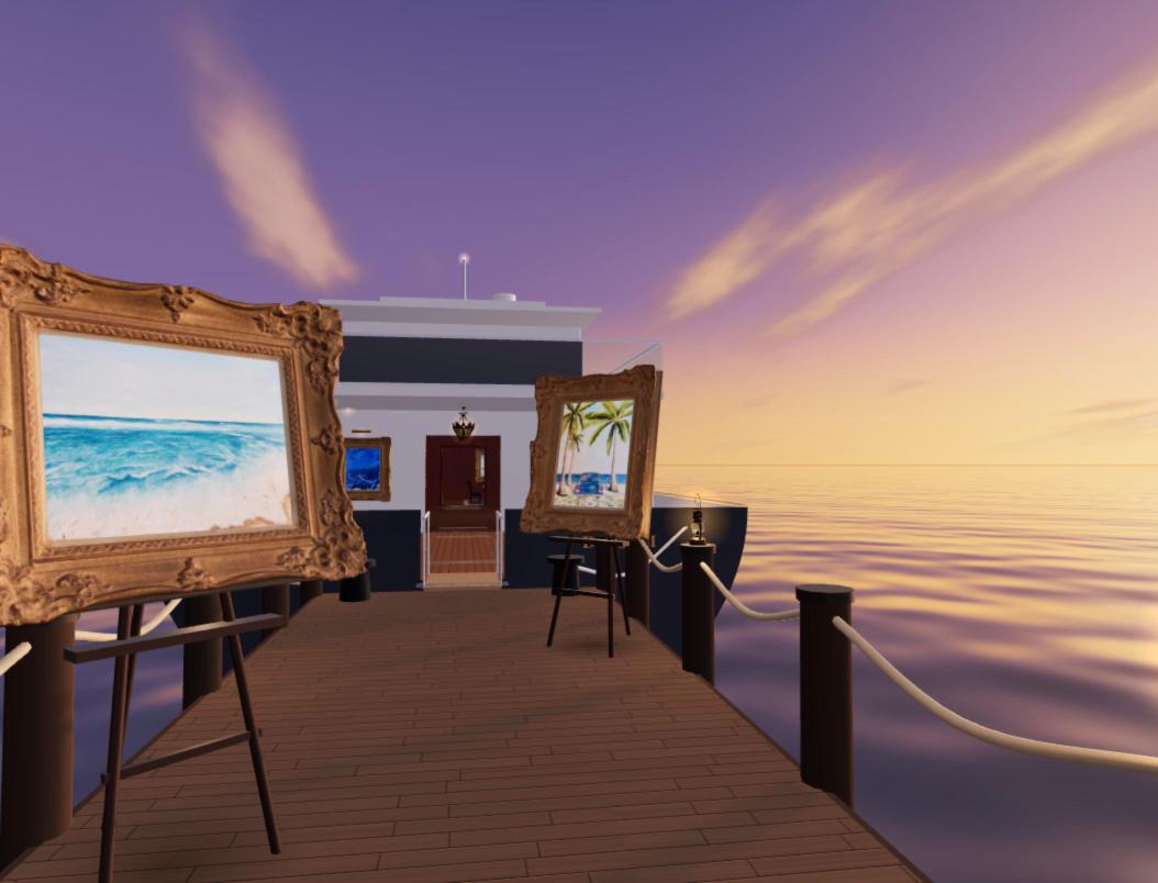 Pier with oil paintings on easels, a classic motor yacht and the sea at sunset, Dubai virtual 3D gallery by Lana Swan