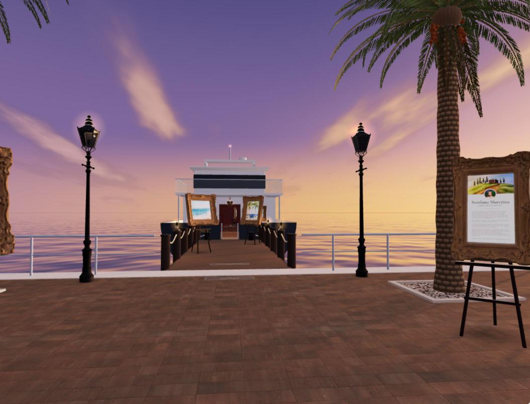 Marina promenade with palms, lanterns, the artist easel and the yacht on the sea at sunset, Dubai virtual 3D gallery by Lana Swan