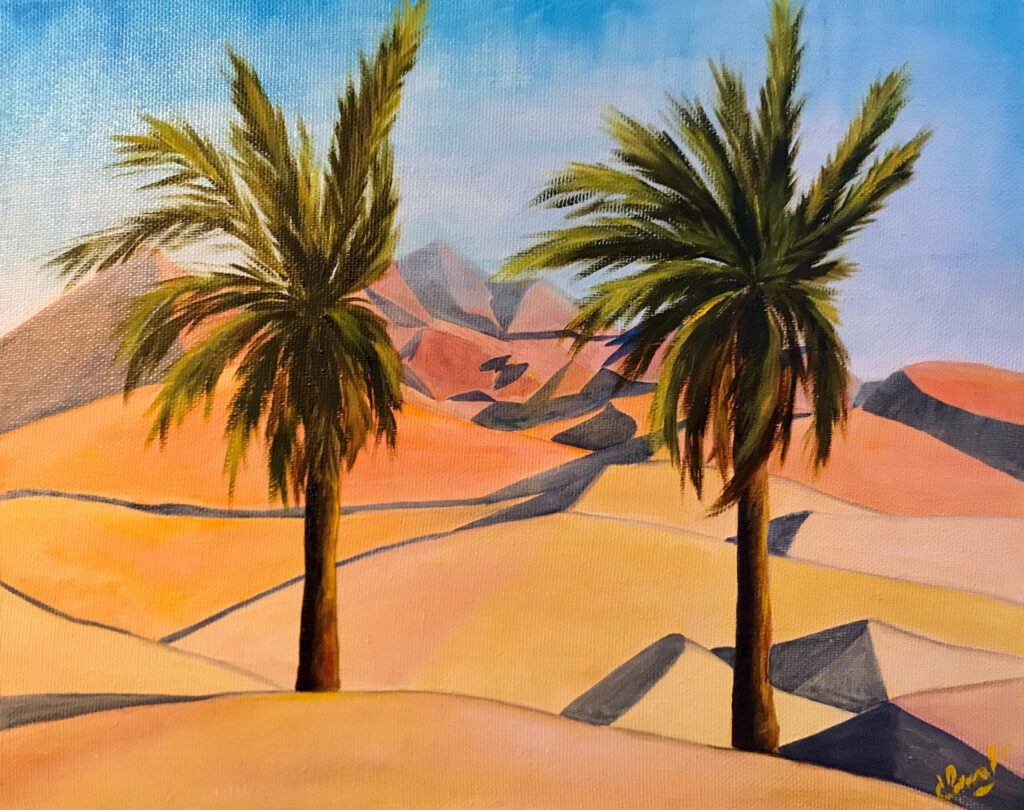 Dunes, UAE, original oil painting by Lana Swan: two palm trees among orange and golden desert dunes under a soft sky