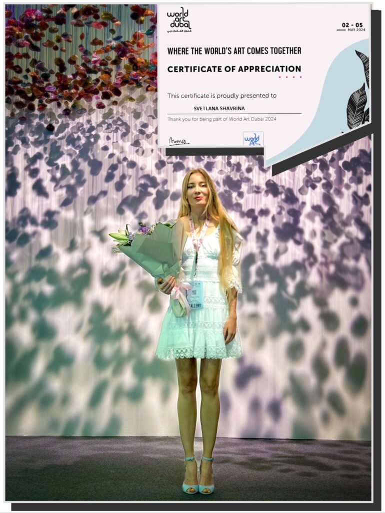 Lana Swan with her Certificate of Appreciation from World Art Dubai 2024