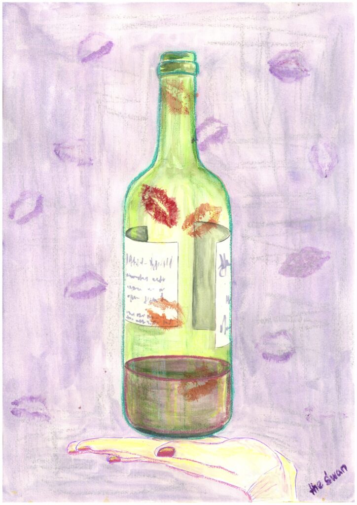 Fake Happiness by Lana Swan, a green wine bottle covered in red lipstick kisses on a lilac background