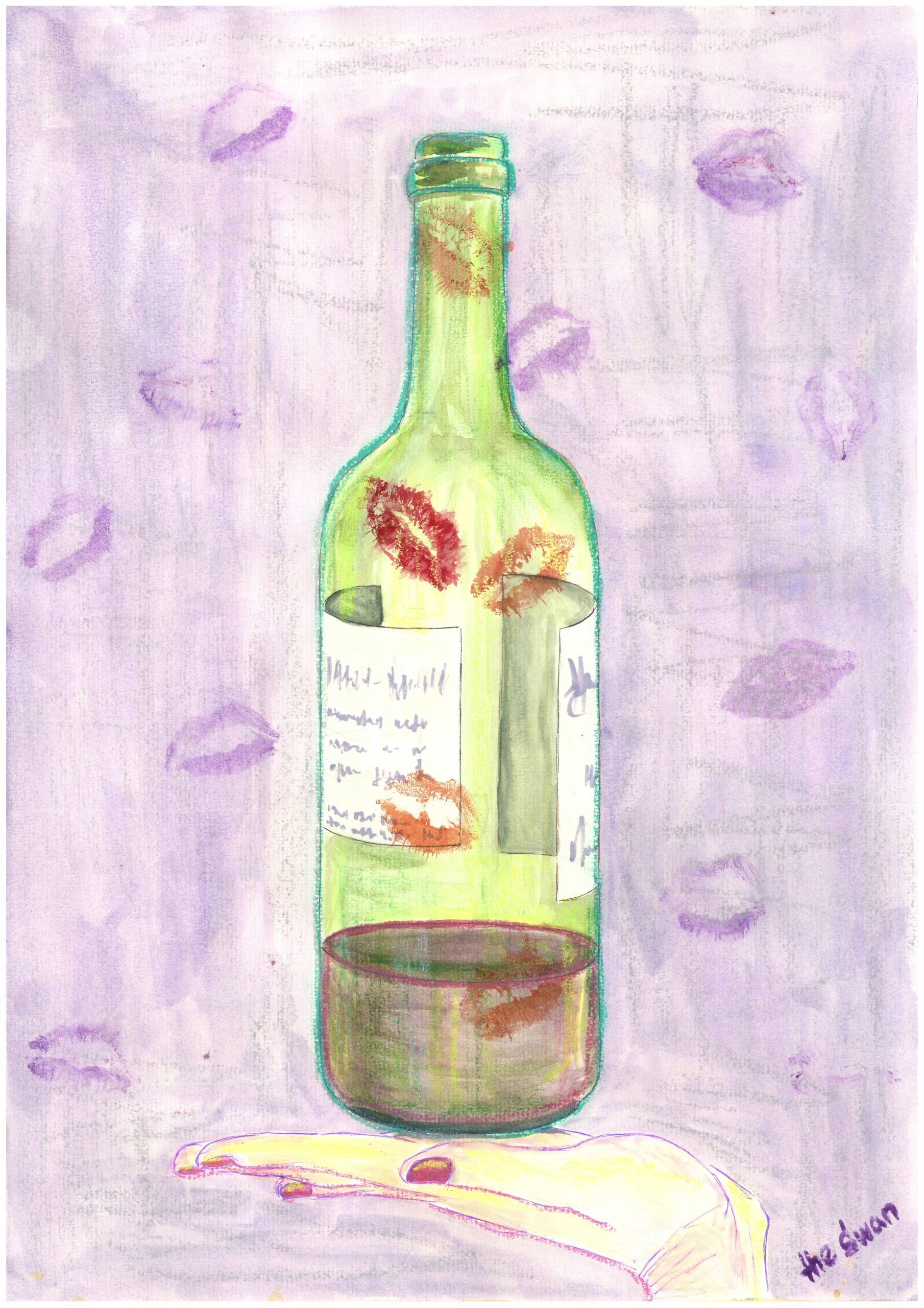Fake Happiness by Lana Swan, a green wine bottle covered in red lipstick kisses on a lilac background