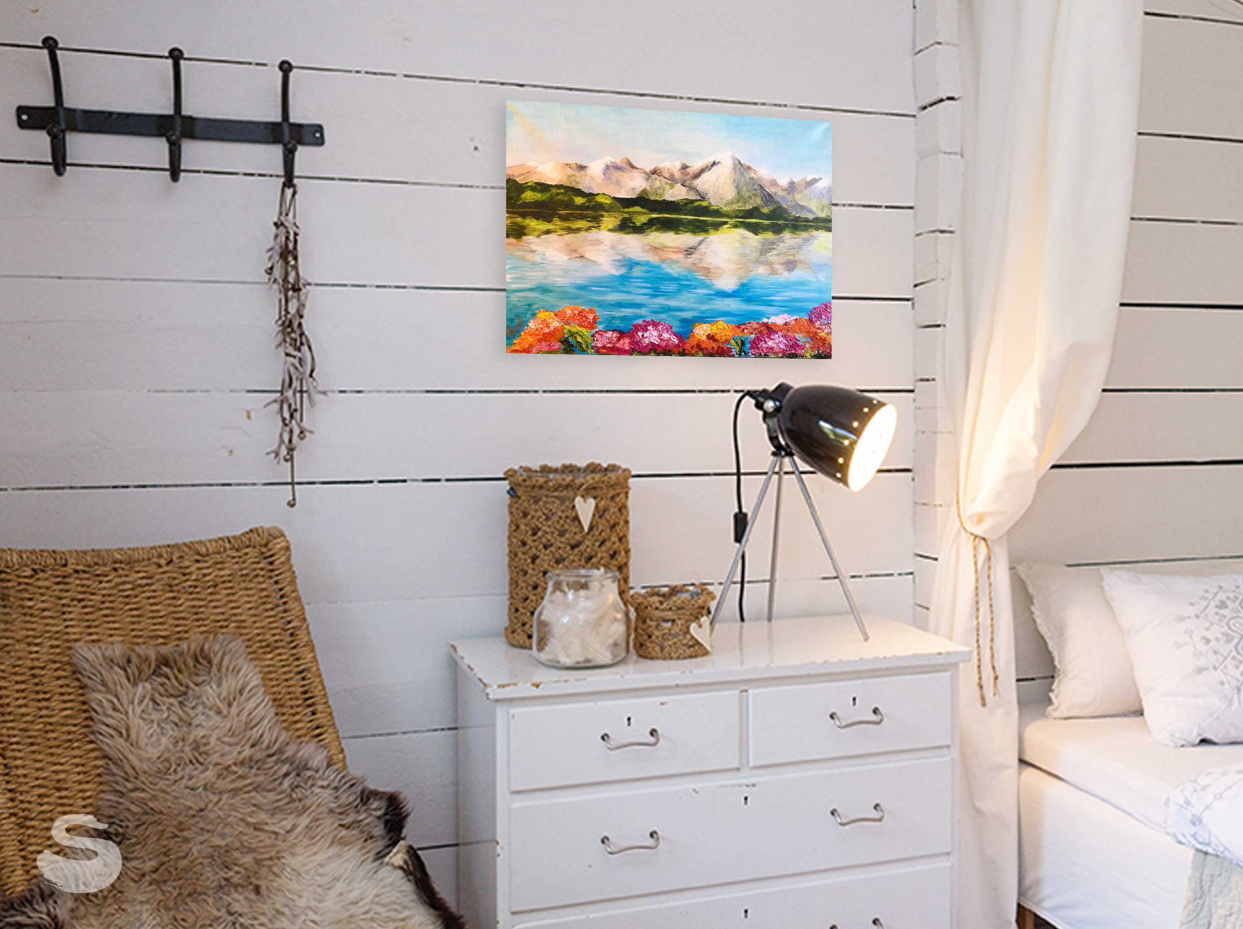 Geneva Lake oil painting by Lana Swan on a white wooden wall above a white chest of drawers