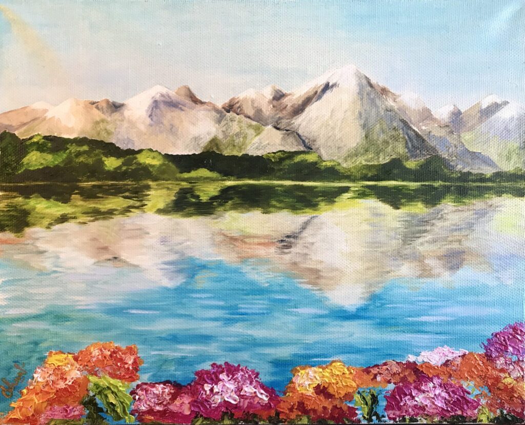 Geneva Lake oil painting by Lana Swan, snowy mountains reflected in turquoise water with bright flowers in the foreground