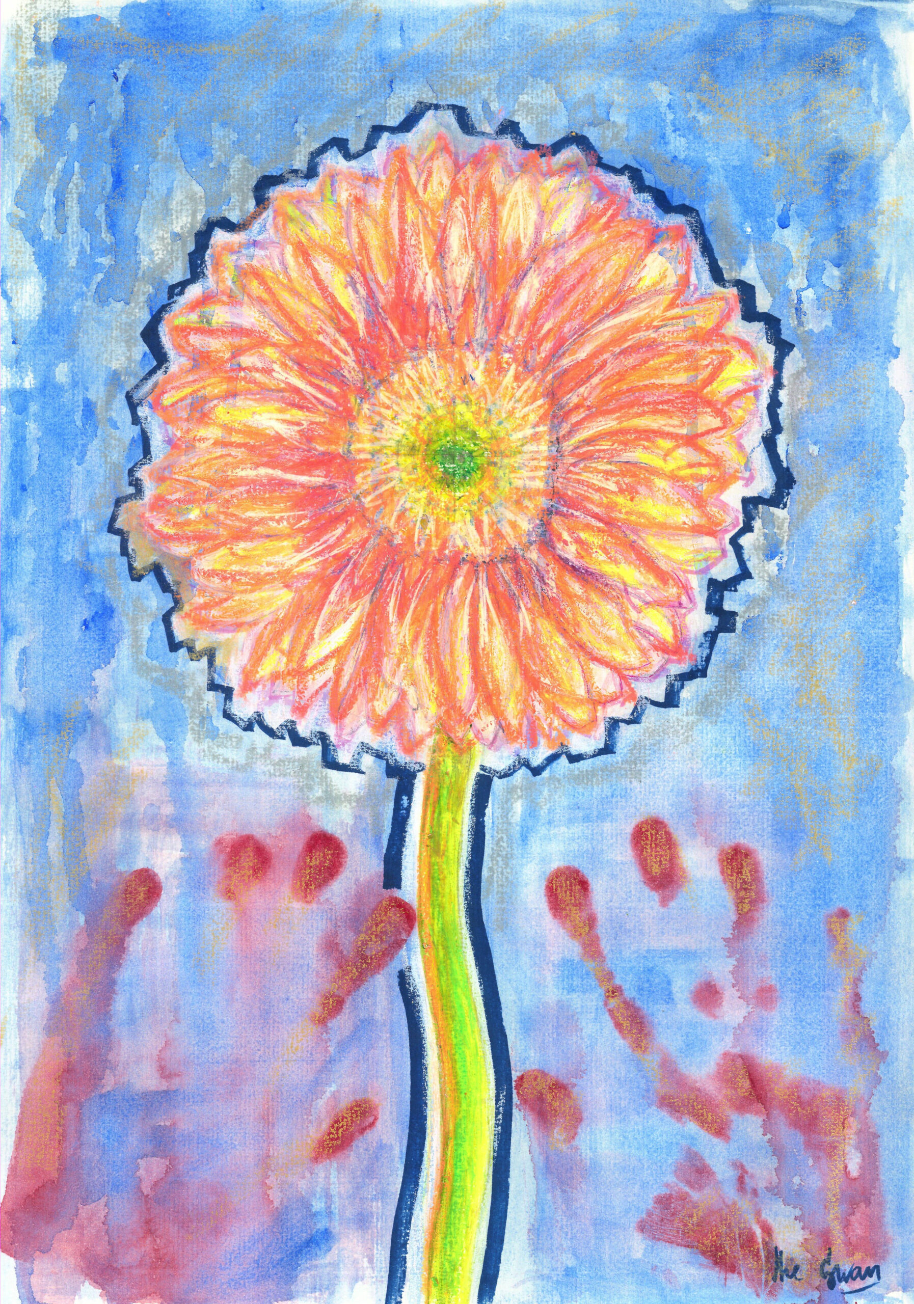 Gerbera Daisy by Lana Swan, a large peach gerbera with red handprints on a blue background