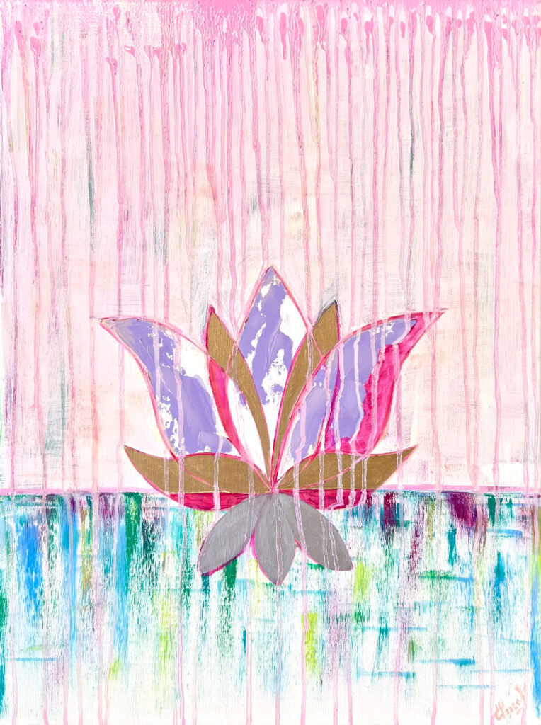 Golden Lotus oil painting by Lana Swan, a lotus in lilac, pink, gold and silver above turquoise water