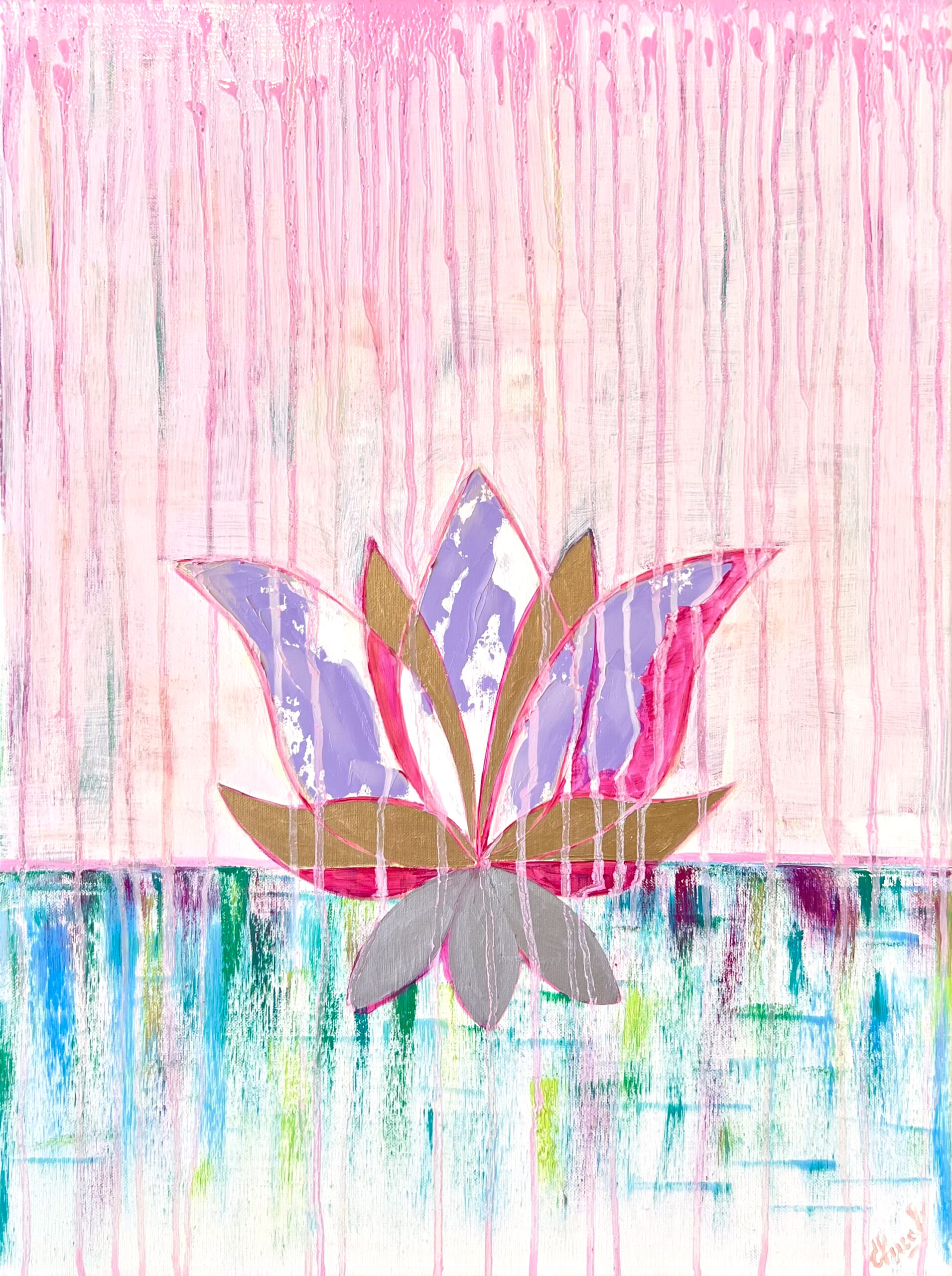 Golden Lotus oil painting by Lana Swan, a lotus in lilac, pink, gold and silver above turquoise water