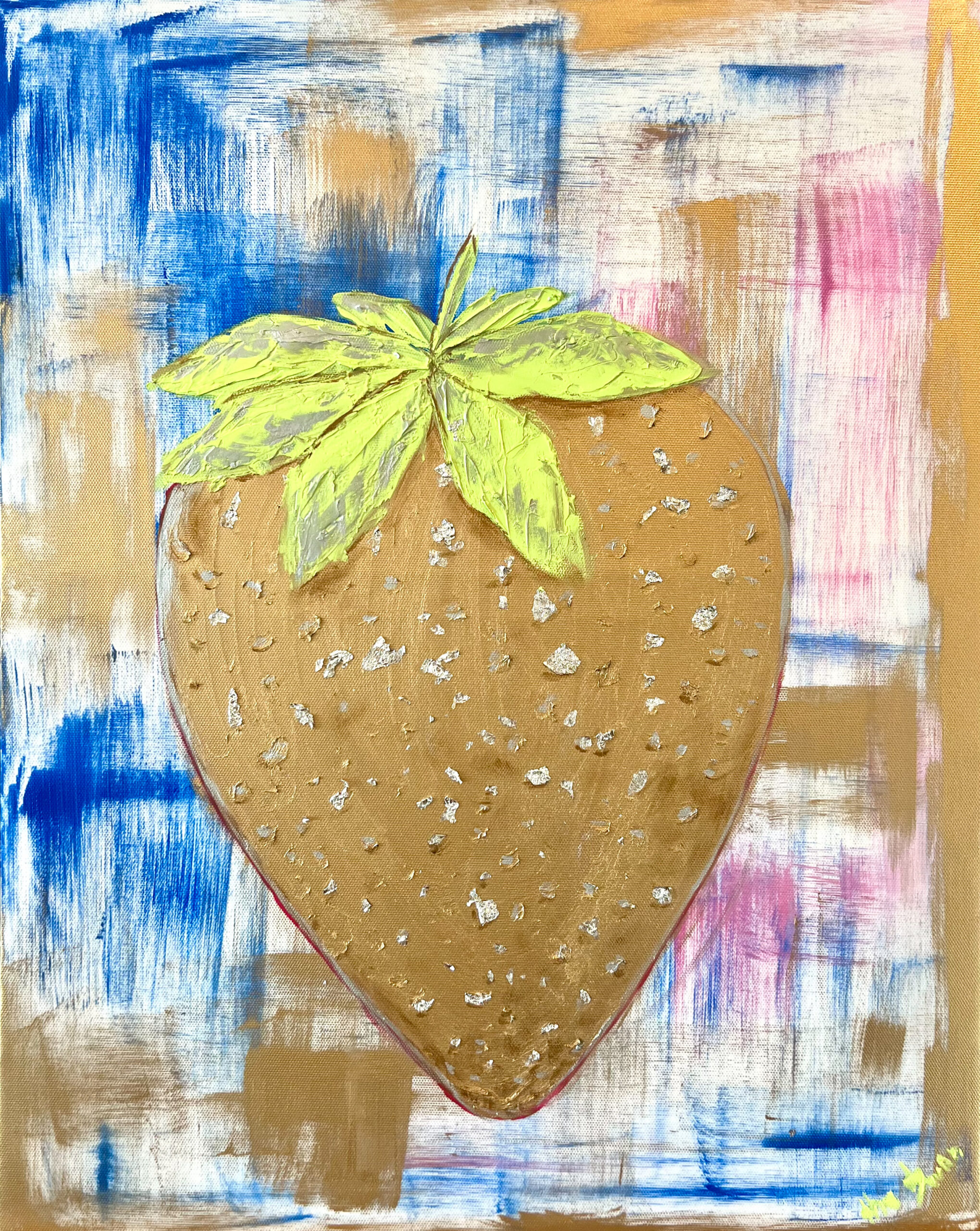 Golden Strawberry oil painting by Lana Swan, a golden strawberry with lime leaves on a blue, pink and white abstract background