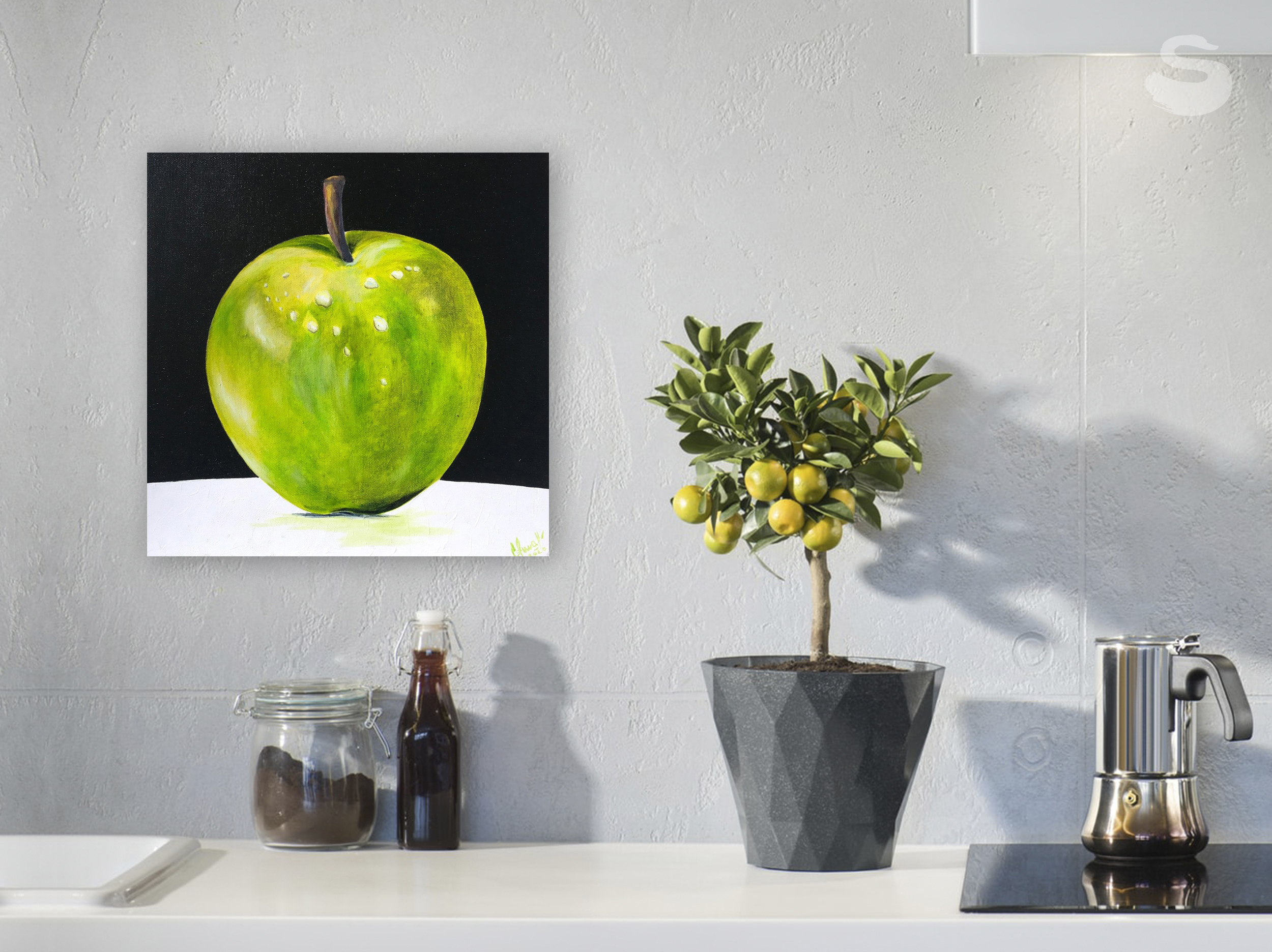 Green Apple on Black Background oil painting by Lana Swan on a kitchen wall beside a small potted lemon tree