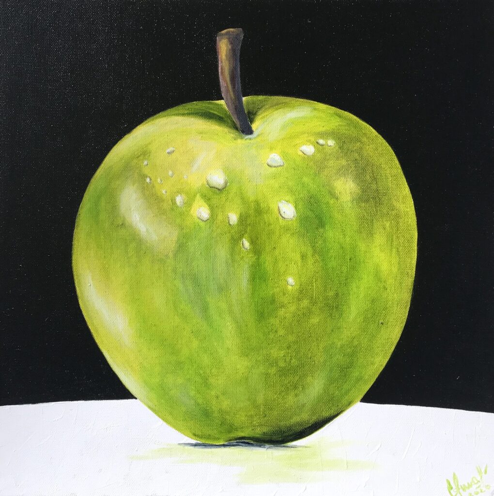 Green Apple on Black Background oil painting by Lana Swan, a glossy green apple with water drops on a black background