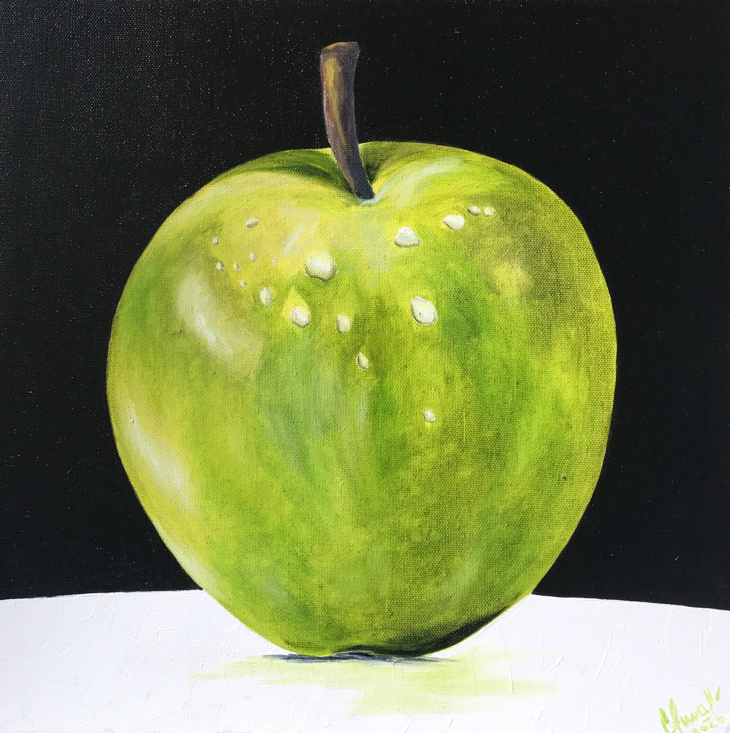 Green Apple on Black Background oil painting by Lana Swan, a glossy green apple with water drops on a black background