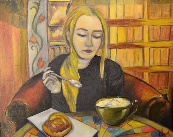It’s Coffee Time, Self-portrait, oil on canvas by Lana Swan