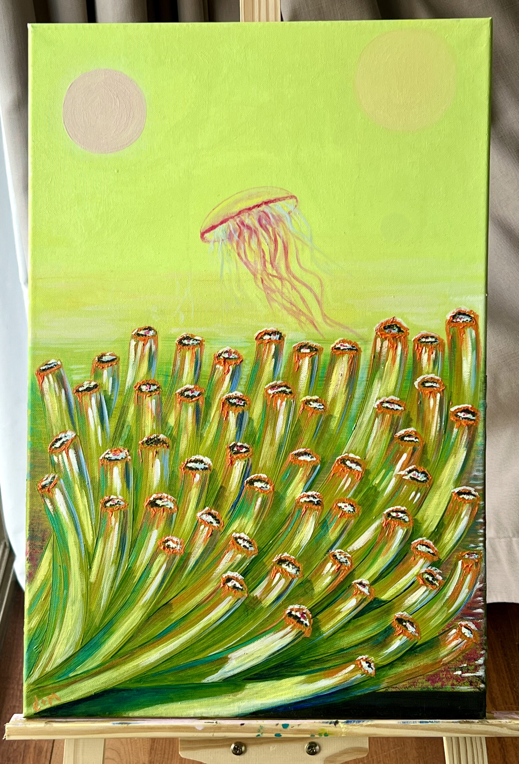Jellyfish in a Verdant Sky oil painting by Lana Swan on a wooden easel