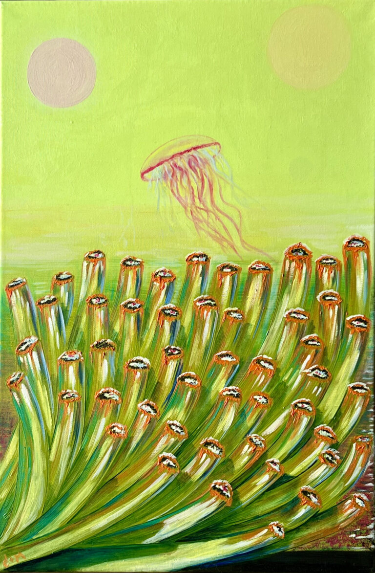 Jellyfish in a Verdant Sky, Oil on cotton canvas, 40 × 60 cm, 2024 by Lana Swan