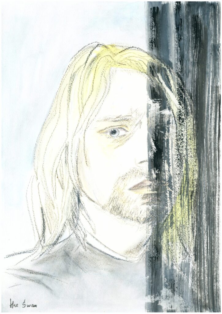 Kurt Cobain portrait by Lana Swan in grey and black with long fair hair, watercolour and oil pastel on paper
