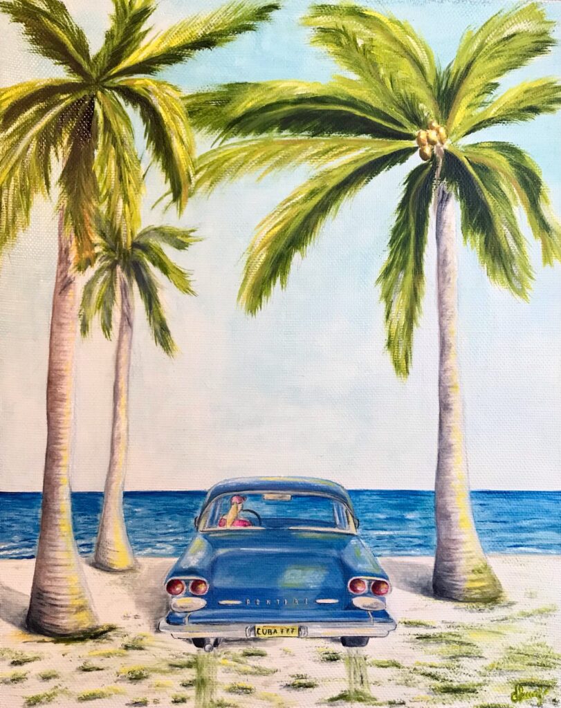 Lovely Cuba oil painting by Lana Swan, a blue retro Pontiac between palm trees on a beach by the sea