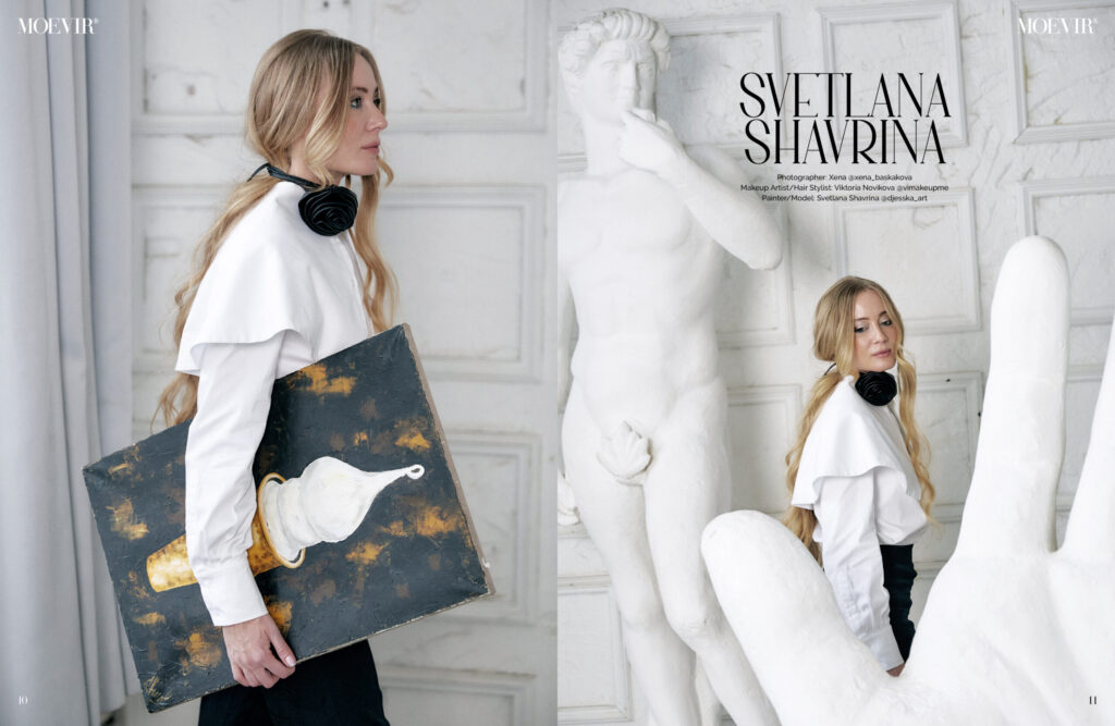 MOEVIR Magazine spread introducing Svetlana Shavrina, with the artist holding a painting beside a white sculpture