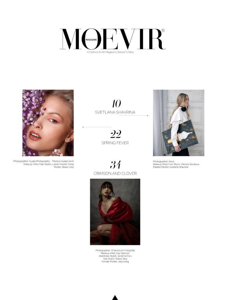 Contents page of MOEVIR Magazine July 2024 issue listing the Svetlana Shavrina feature