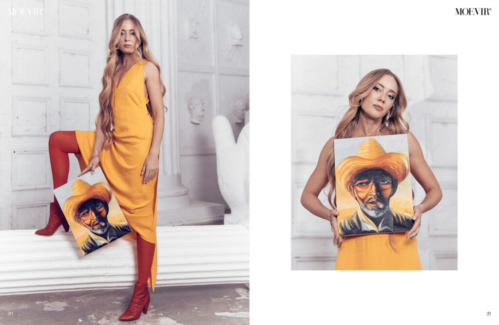 MOEVIR Magazine spread with Lana Swan in an orange dress holding her paintings