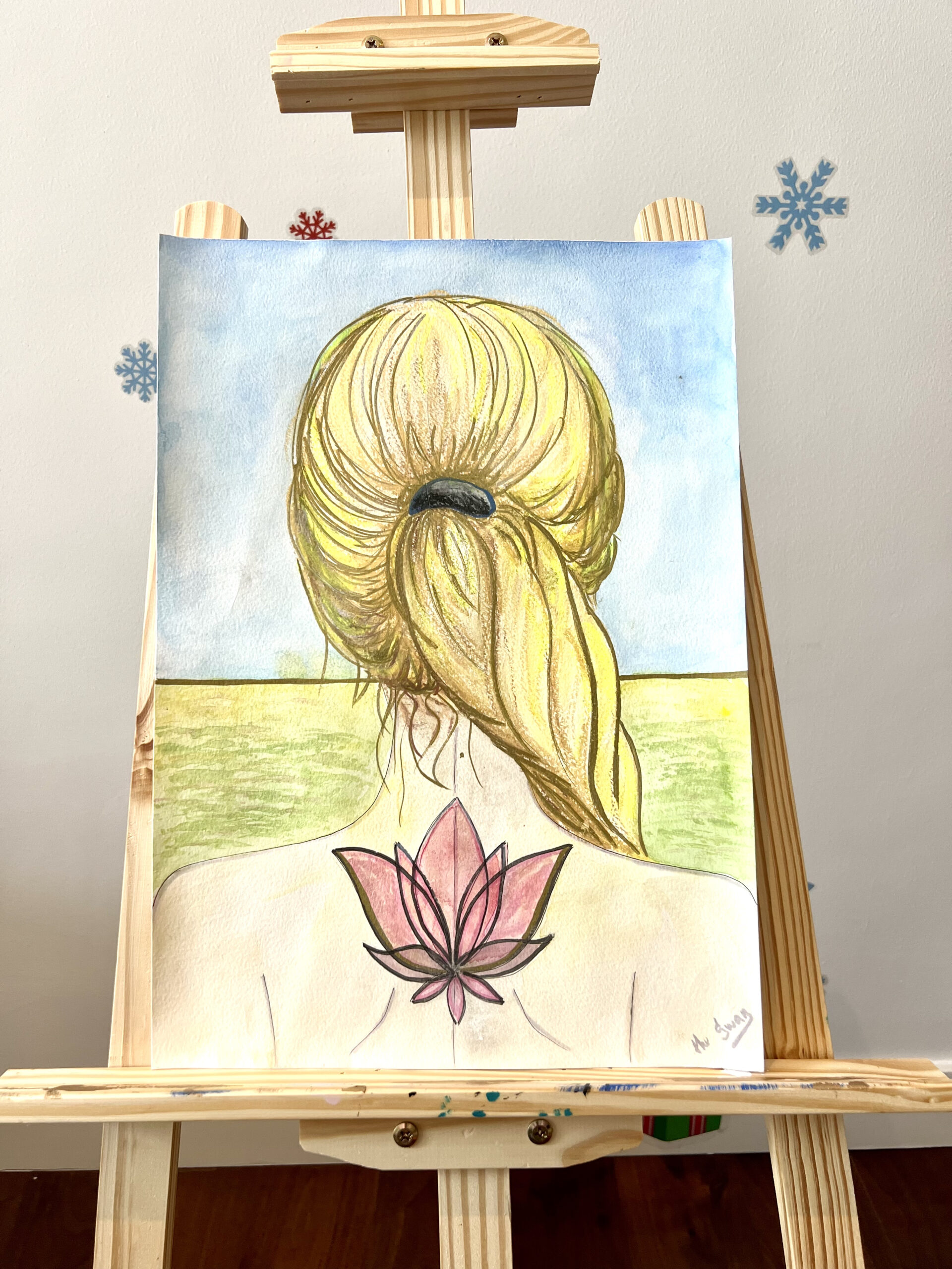 New Reality by Lana Swan shown unframed on a wooden easel