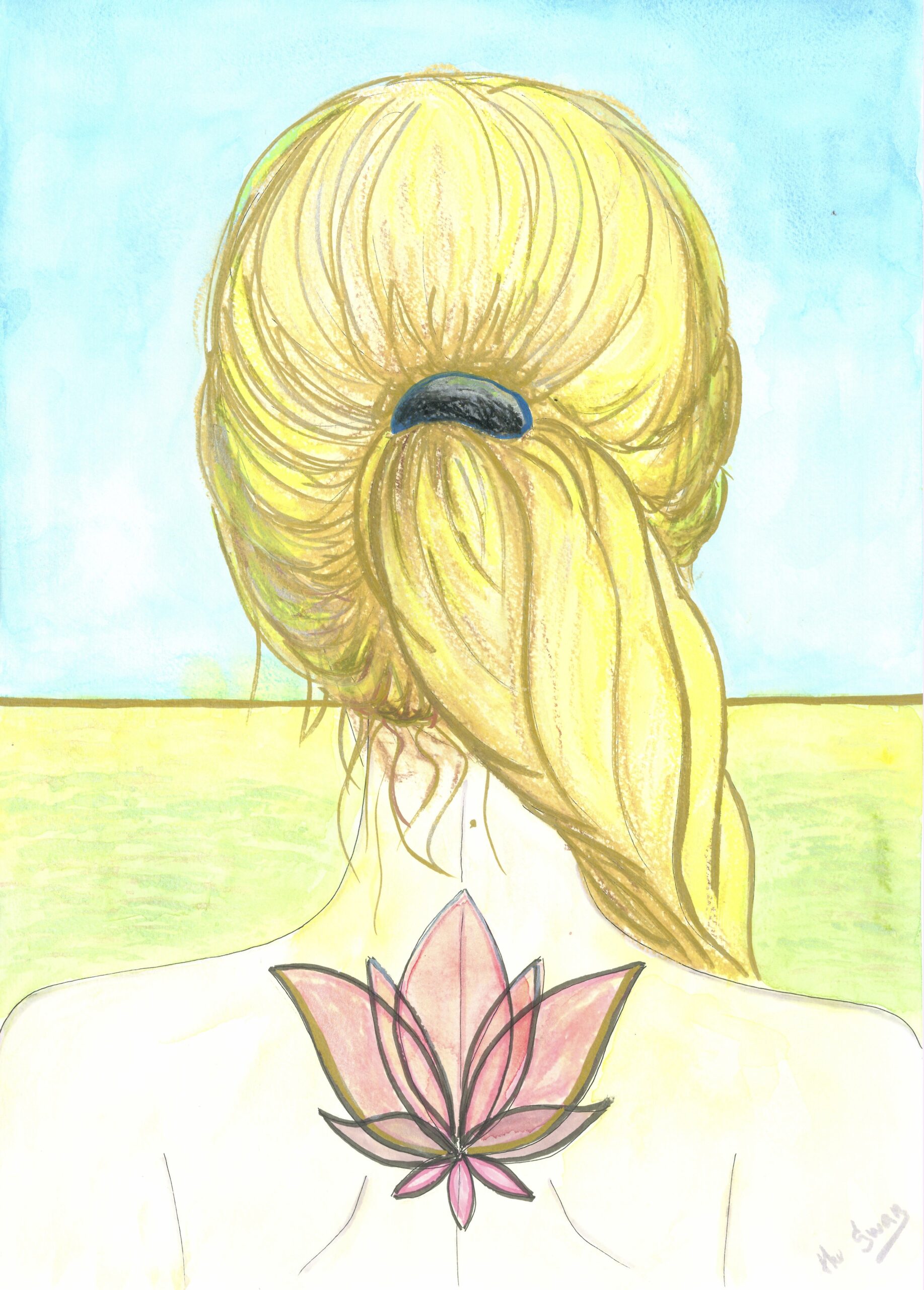 New Reality by Lana Swan, a blonde woman seen from behind with a pink lotus on her back, facing a green field