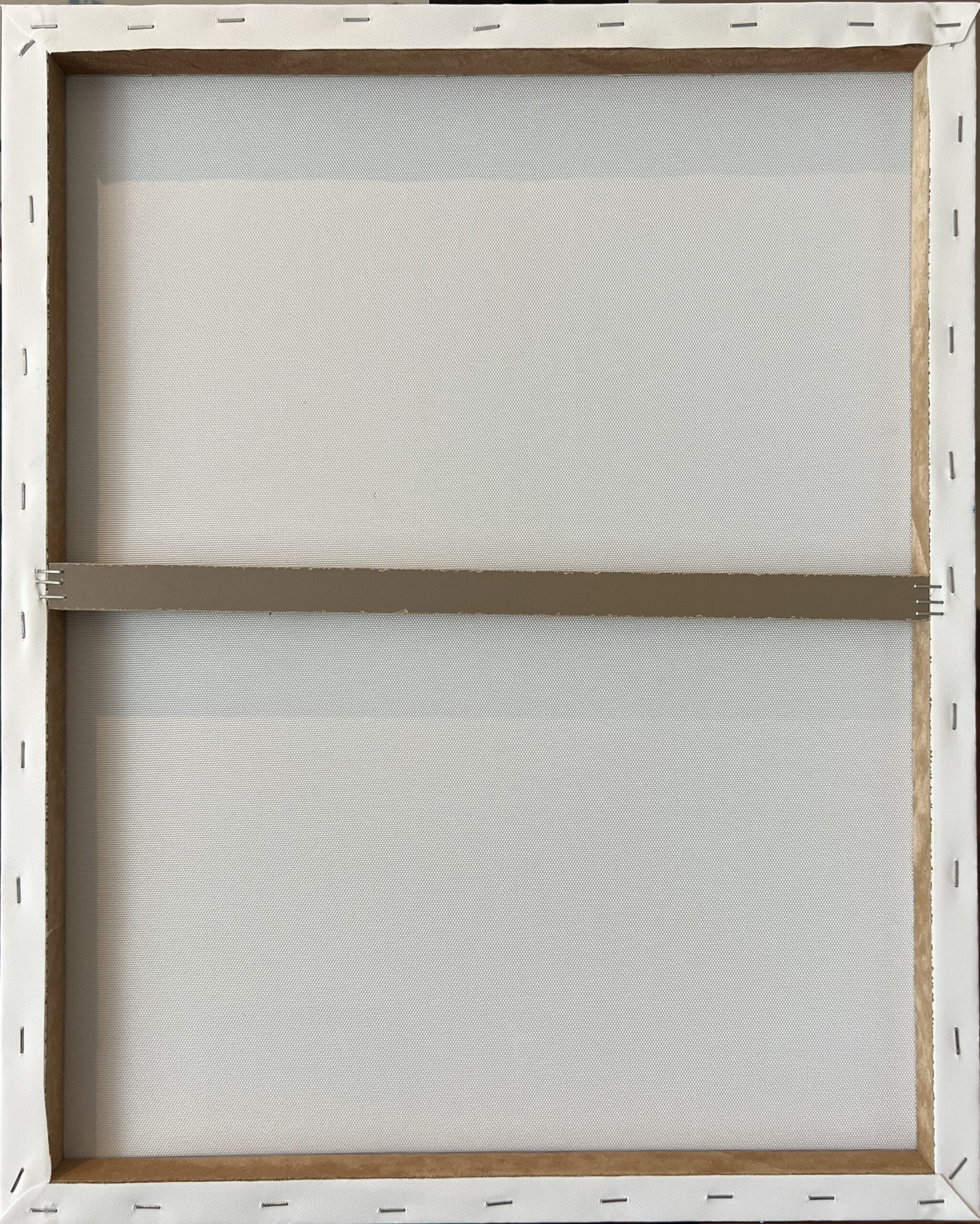 Back of the Peacemaker cotton canvas stretched on a wooden frame with a central support bar