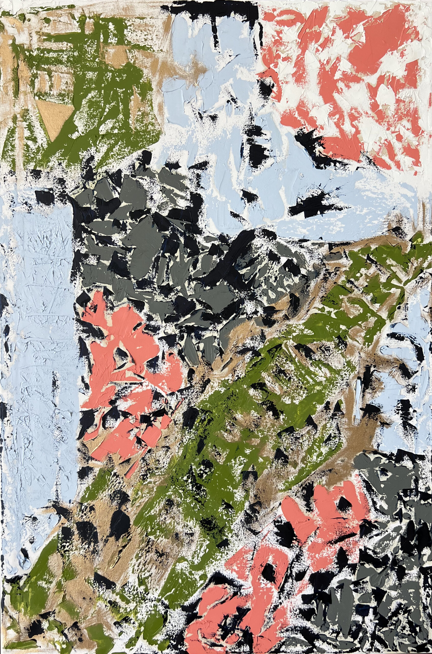 Peacemaker abstract oil painting by Lana Swan in coral red, light blue, olive green, grey and black