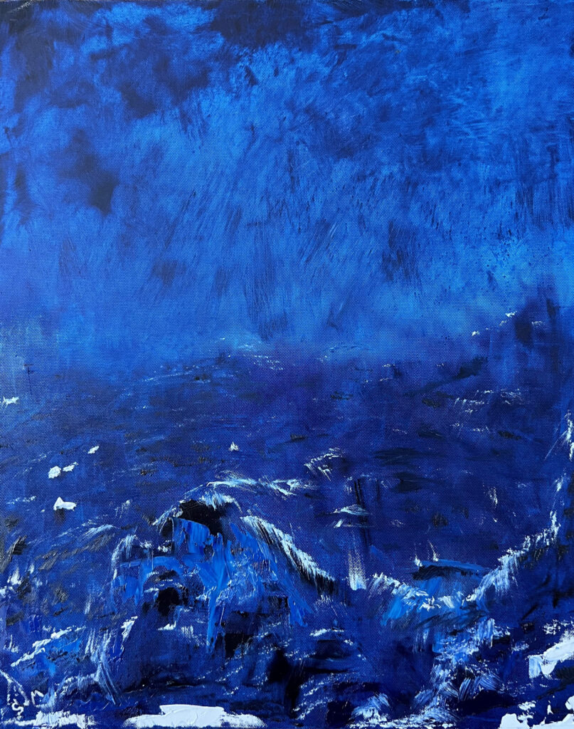 Sea Storm oil painting by Lana Swan, a stormy sea with white-capped waves in deep shades of blue
