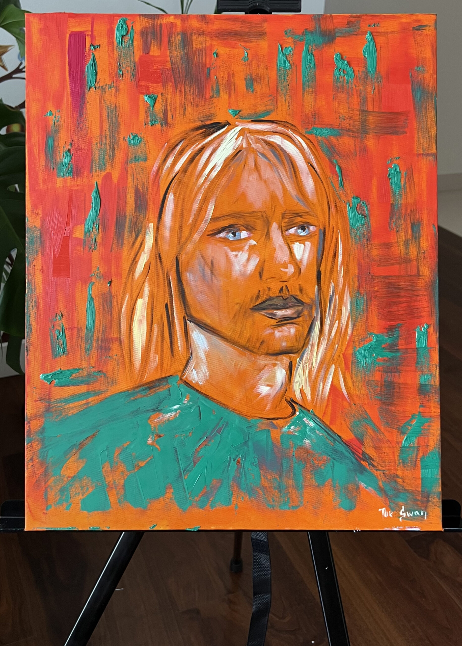 Stranger with Blue Eyes oil painting by Lana Swan on a black easel