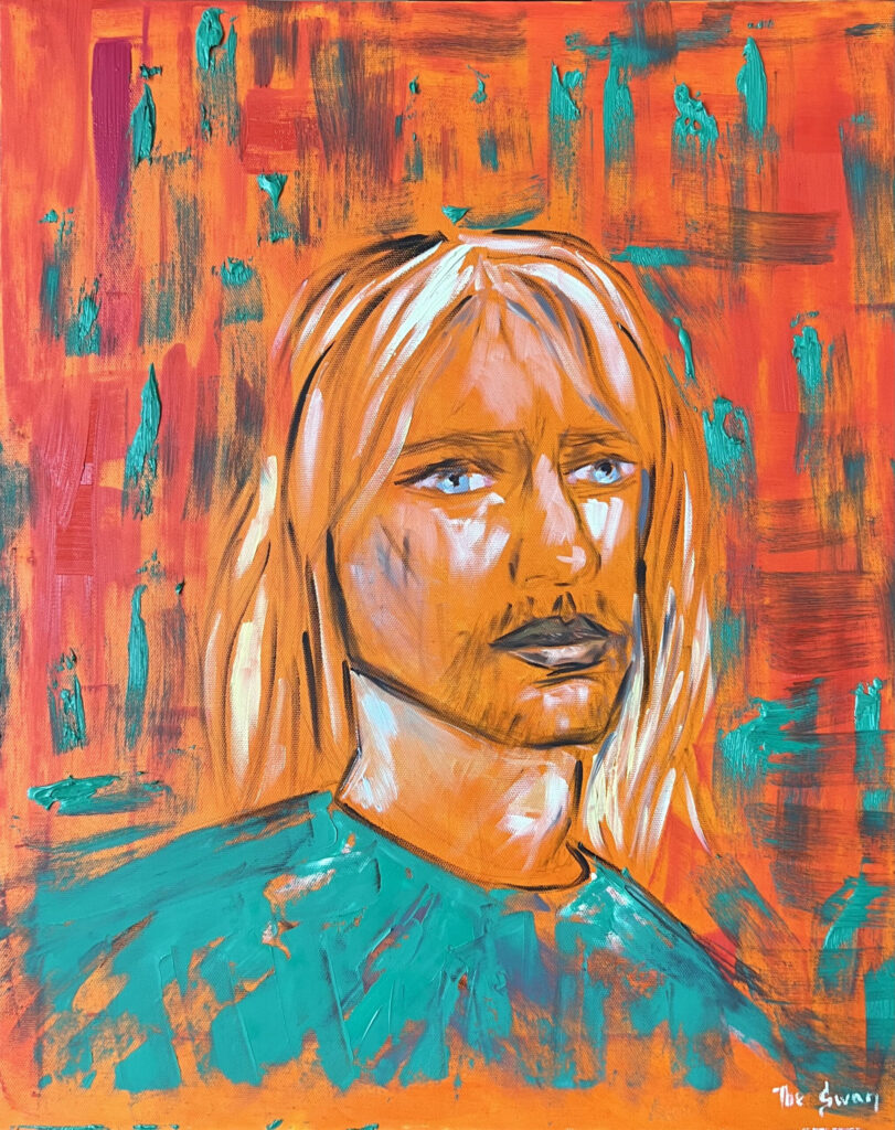 Stranger with Blue Eyes pop art portrait by Lana Swan, a man with long fair hair and blue eyes on an orange background