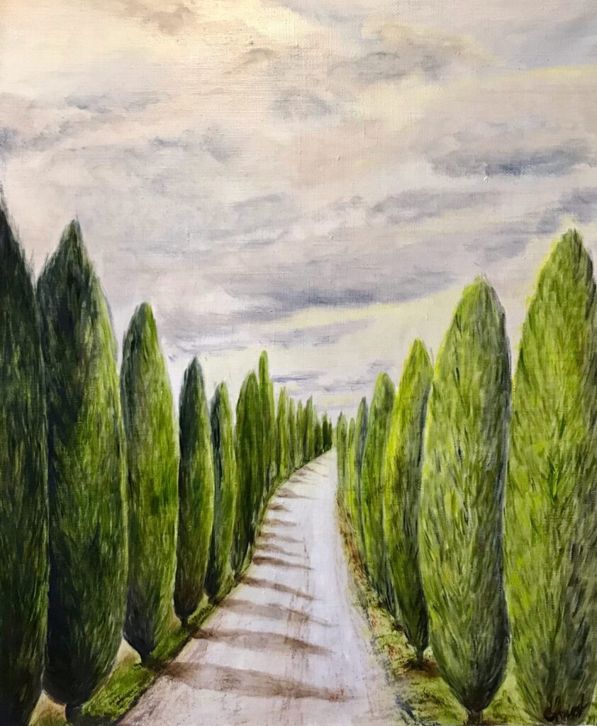 The Road to Happiness oil painting by Lana Swan, a country road between tall cypress trees under a cloudy Tuscan sky