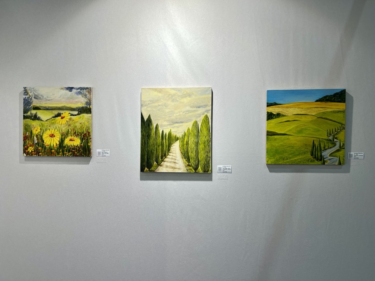 Toscana, Italy and other landscape oil paintings by Lana Swan on an exhibition wall