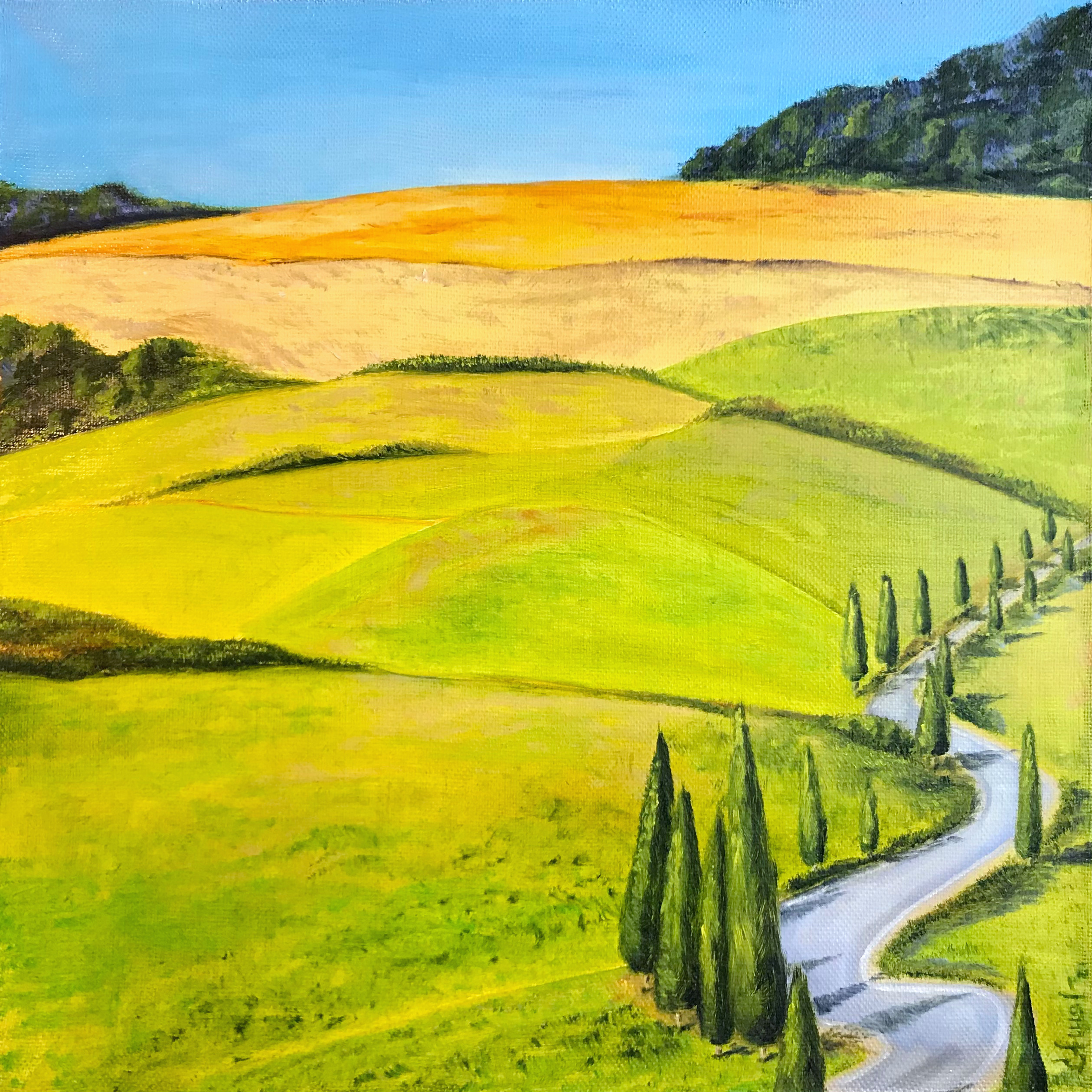 Toscana, Italy, original oil painting by Lana Swan: rolling green and yellow hills of Tuscany with a winding road lined by cypress trees