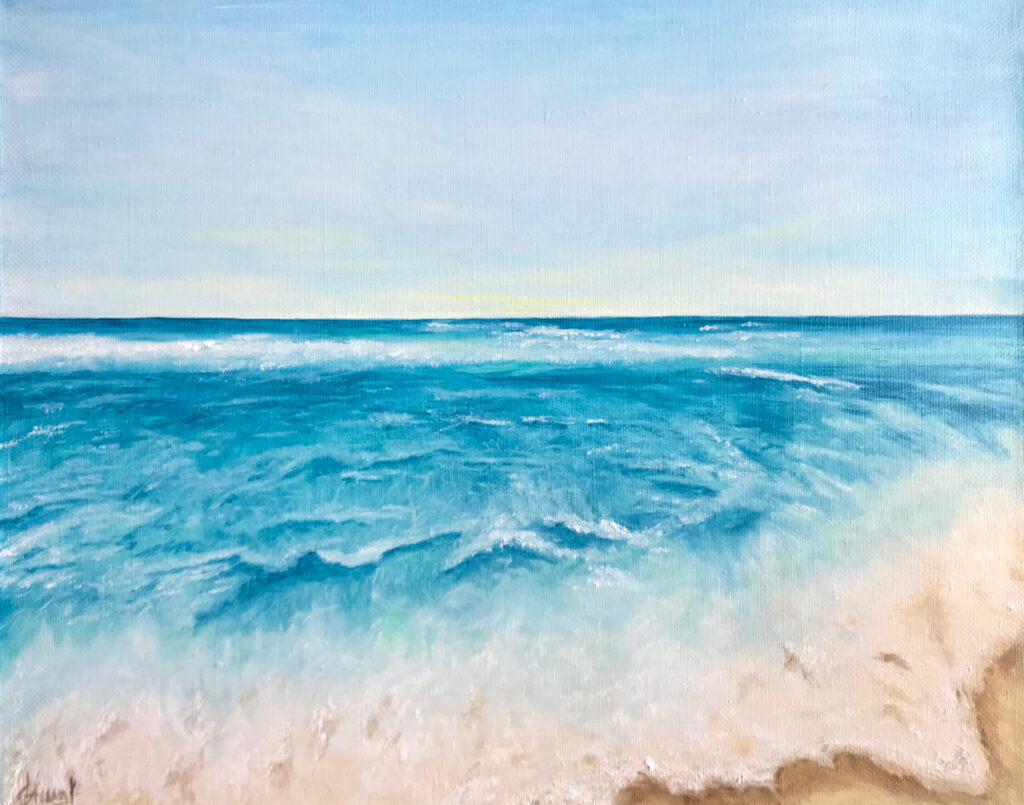 Tropical Beach oil painting by Lana Swan, turquoise waves rolling onto a sandy shore under a pale sky