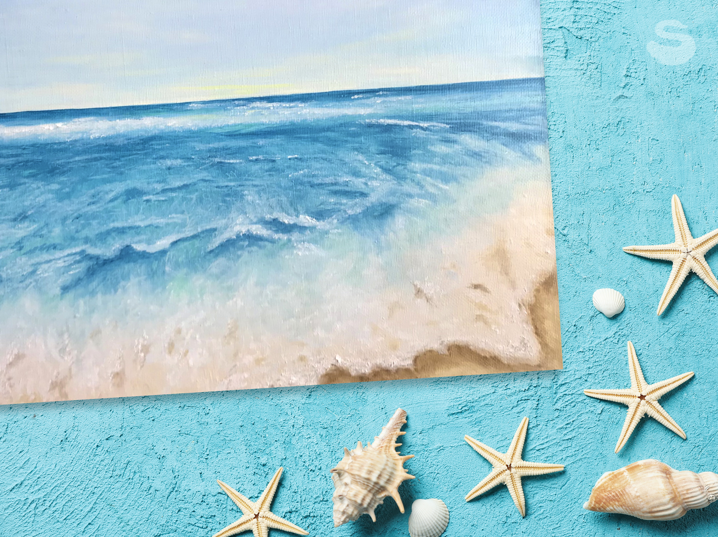 Tropical Beach oil painting by Lana Swan shown on a turquoise surface with starfish and seashells
